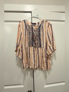 Striped Embroidered Peasant Tunic in Cream, Rust & Navy